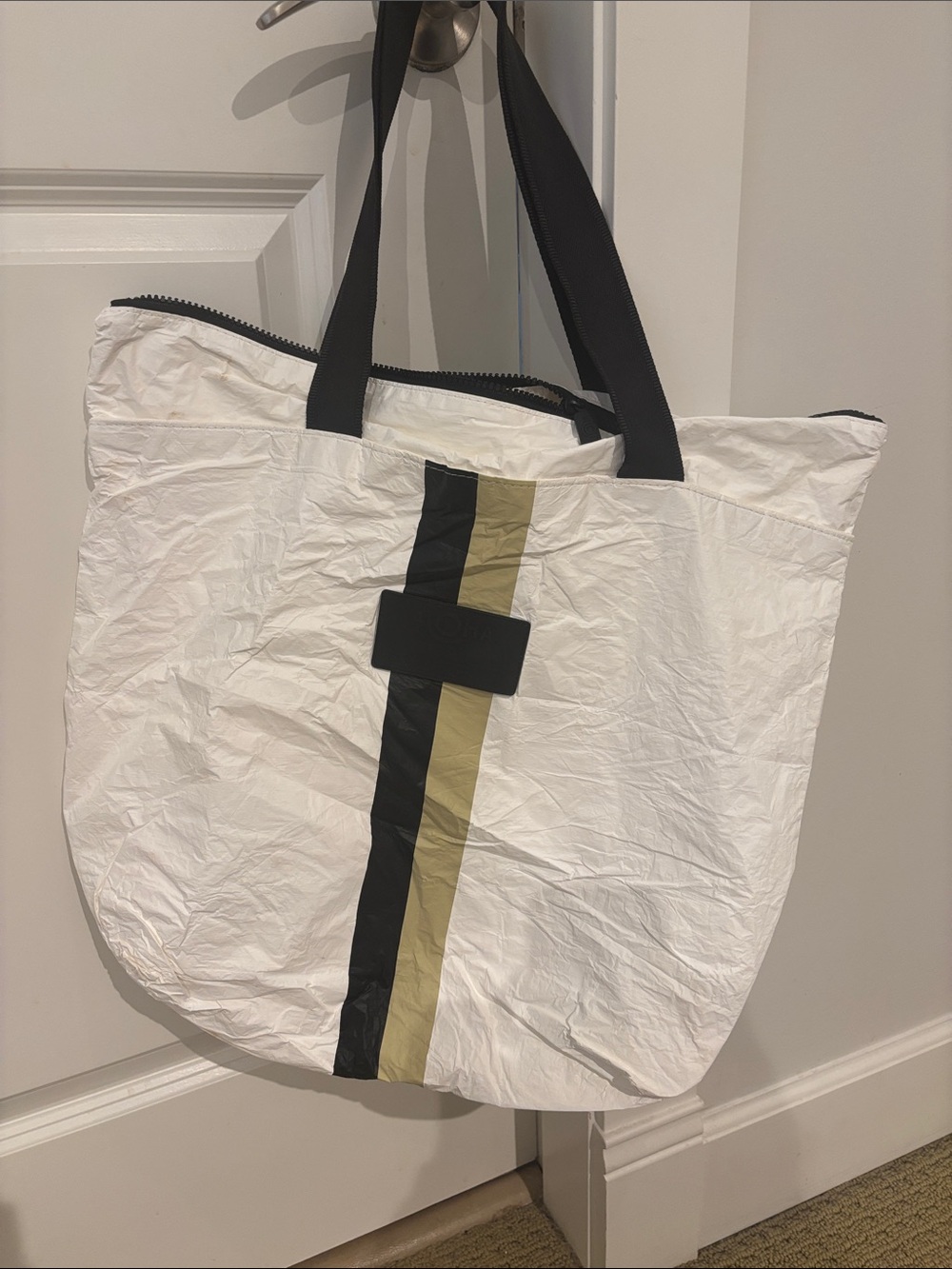 ALOHA Collection White Tote with Black and Olive Stripe